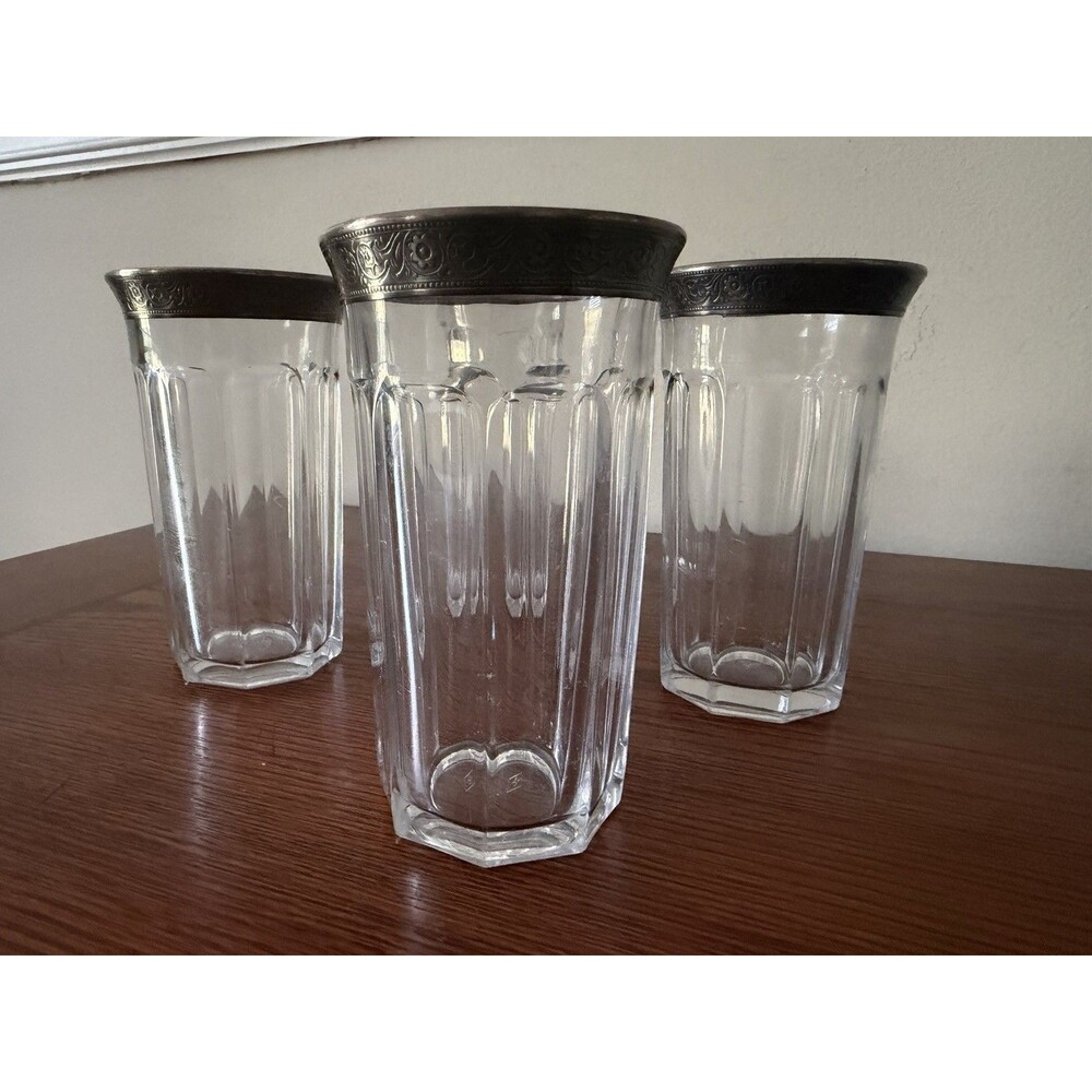 Antique Heisey Glass Paneled Tumblers, Sterling Silver Rim, Diamond H Mark, Set